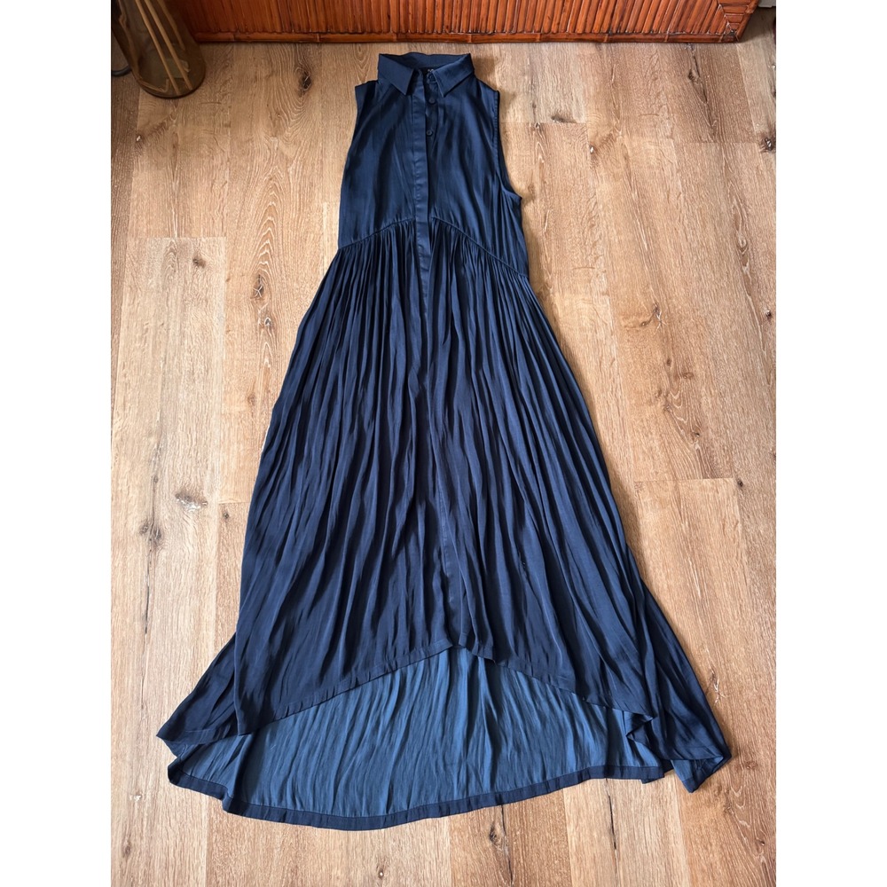 Ruti Sleeveless Navy Blue Pleated Maxi Dress‎ Collar Front Button Size 2